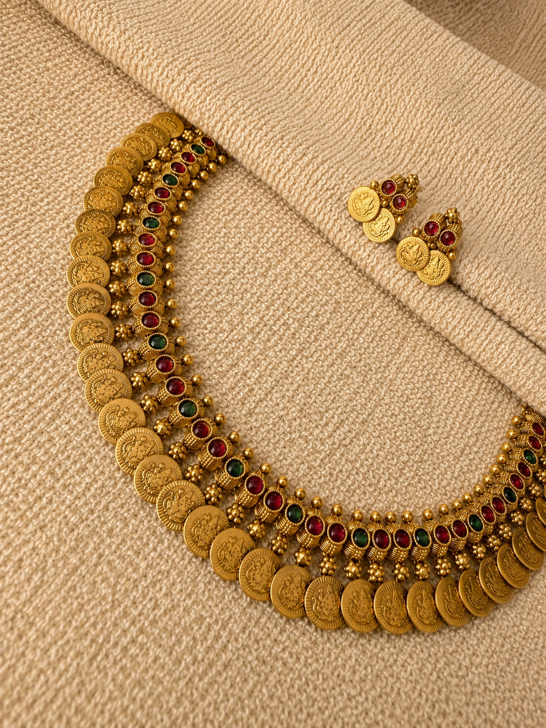 Traditional Gold Coin Necklace with Ruby and Emerald Gemstones, Antique Temple Jewelry Design, U-Shaped Bridal Choker - Image 2