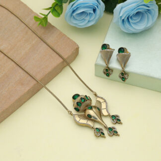 Royal Green Color Lord Ganesha American Diamond Necklace Set With Spiritual Elegant Design - Green