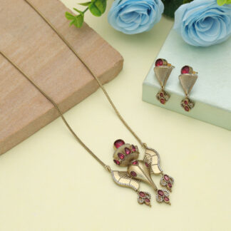 Beautiful Rani Color Lord Ganesha American Diamond Necklace Set For Festive Wear - Rani
