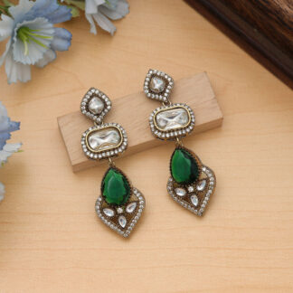 Green Color American Diamond Earrings Stylish Traditional Jewelry Collection - Green