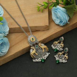 Green Color Dual Tone Oxidised Necklace Set Traditional Vintage Ethnic Jewelry Collection - Green