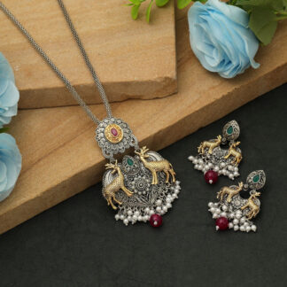 Maroon & Green Color Dual Tone Oxidised Necklace Set Traditional Festive Jewelry - Maroon & Green