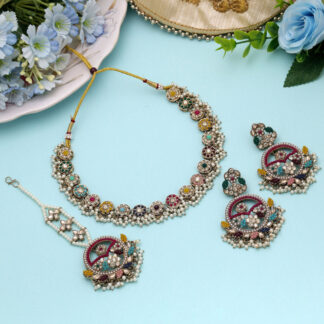 Graceful Multi Color Kundan Necklace Set For Women Festive Occasion Styling - Multi