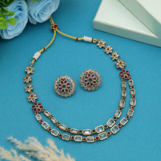 Rani & Green Color Matte Gold Necklace Set Designed For Wedding And Festive Wear - Rani & Green