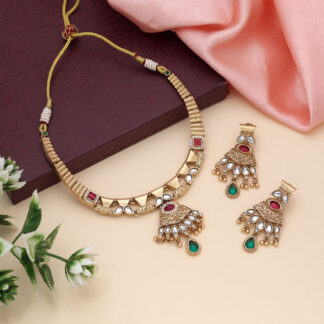 Rani & Green Color Matte Gold Necklace Set Crafted For Elegant Festive Occasions - Rani & Green