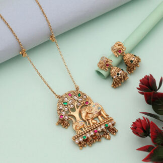 Multi Color Elephant Design Artistic Meena Matte Gold Necklace Set - Multi