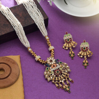 Multi Color Mint Meena Work Matte Gold Necklace Set Designer Ethnic Festive Jewelry - Multi