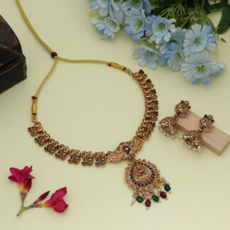 Premium Maroon & Green Color Lord Laxmi Temple Necklace Set For Festive Occasions - Maroon & Green