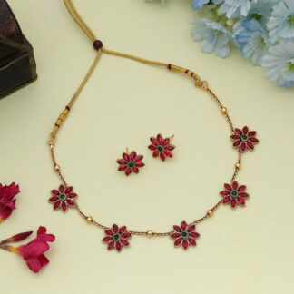 Premium Rani & Green Color Gold Plated Necklace Set For Women Ethnic Wear - Rani & Green