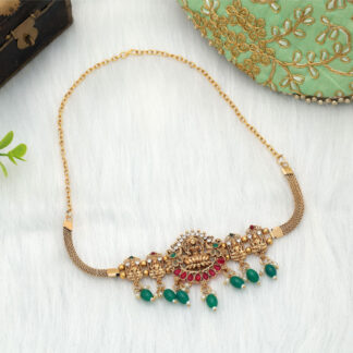 Beautiful Rani & Green Color Choker Temple Necklace With Classic Temple Artwork Design - Rani & Green