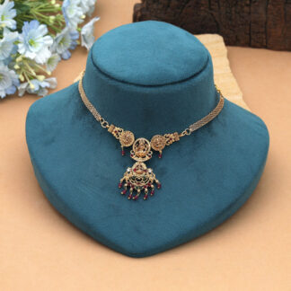 Graceful Rani & Green Color Choker Temple Necklace For Bridal Saree Occasion Wear - Rani & Green
