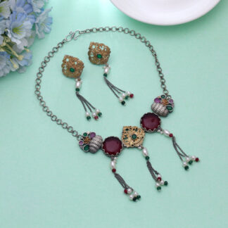 Maroon Color Choker Dual Tone Oxidised Necklace Set With Ethnic Oxidised Earrings - Maroon