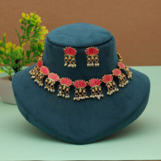Designer Rani & Green Color Meenakari Necklace Set With Antique Artwork Finish - Rani & Green