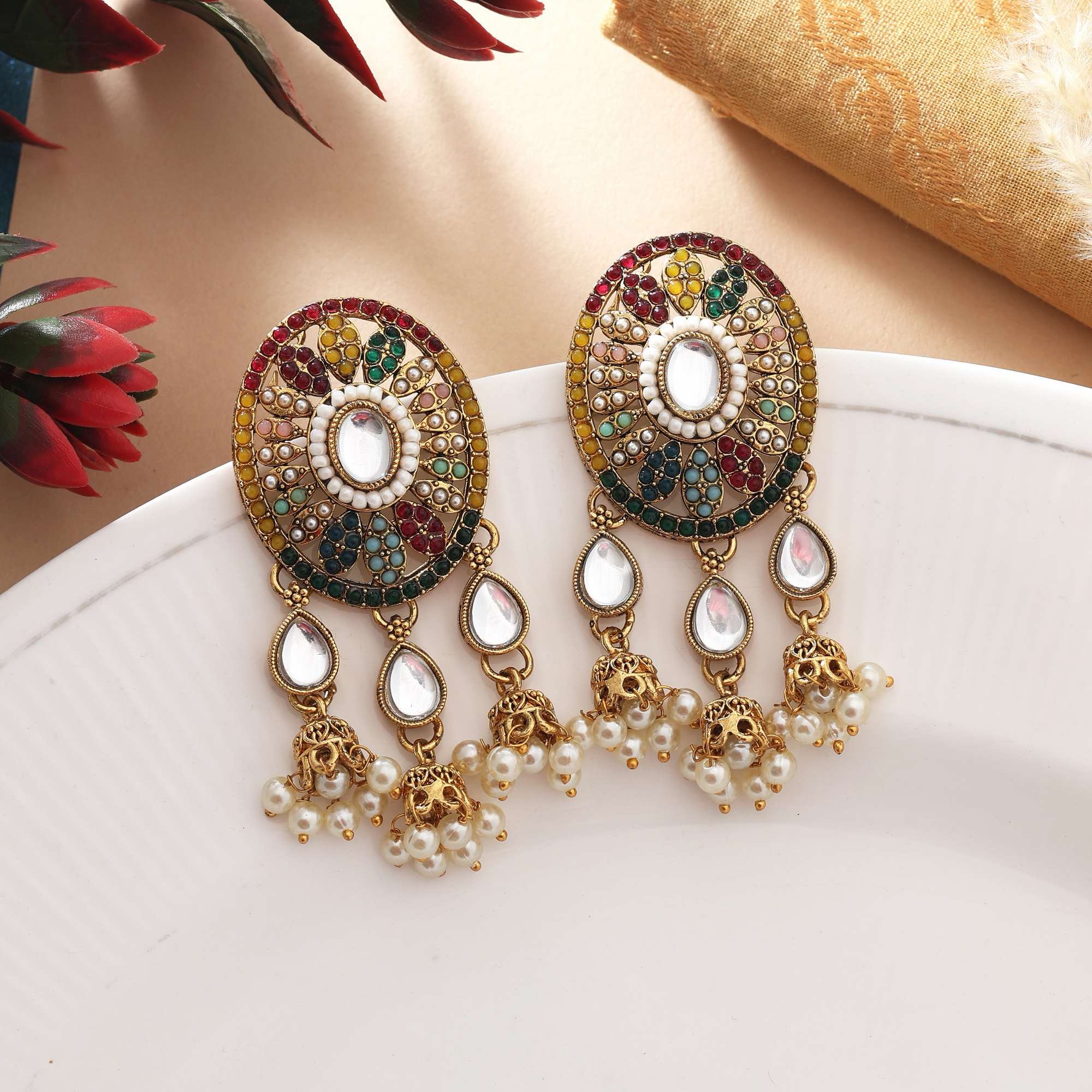 Multi Color Kundan Earrings With Sparkling Stones For Party And Festive Wear - Image 2