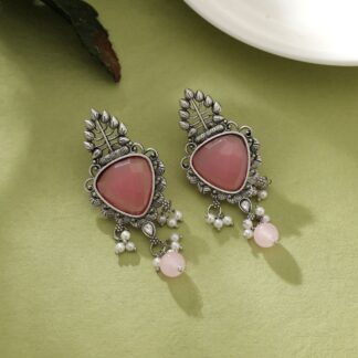 Pink Color Oxidised Earrings Stylish Ethnic Antique Jewelry For Daily Wear