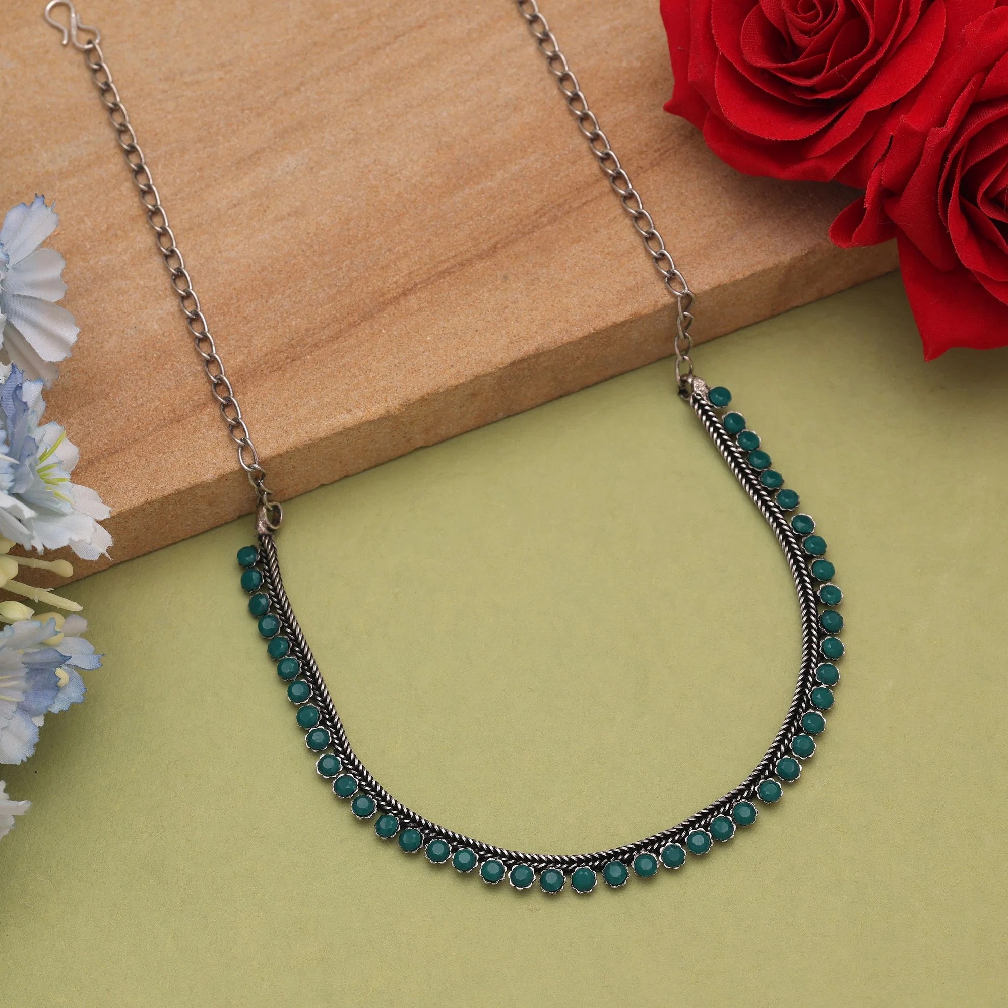Green Color Oxidised Necklace With Classic Handmade Traditional Appeal
