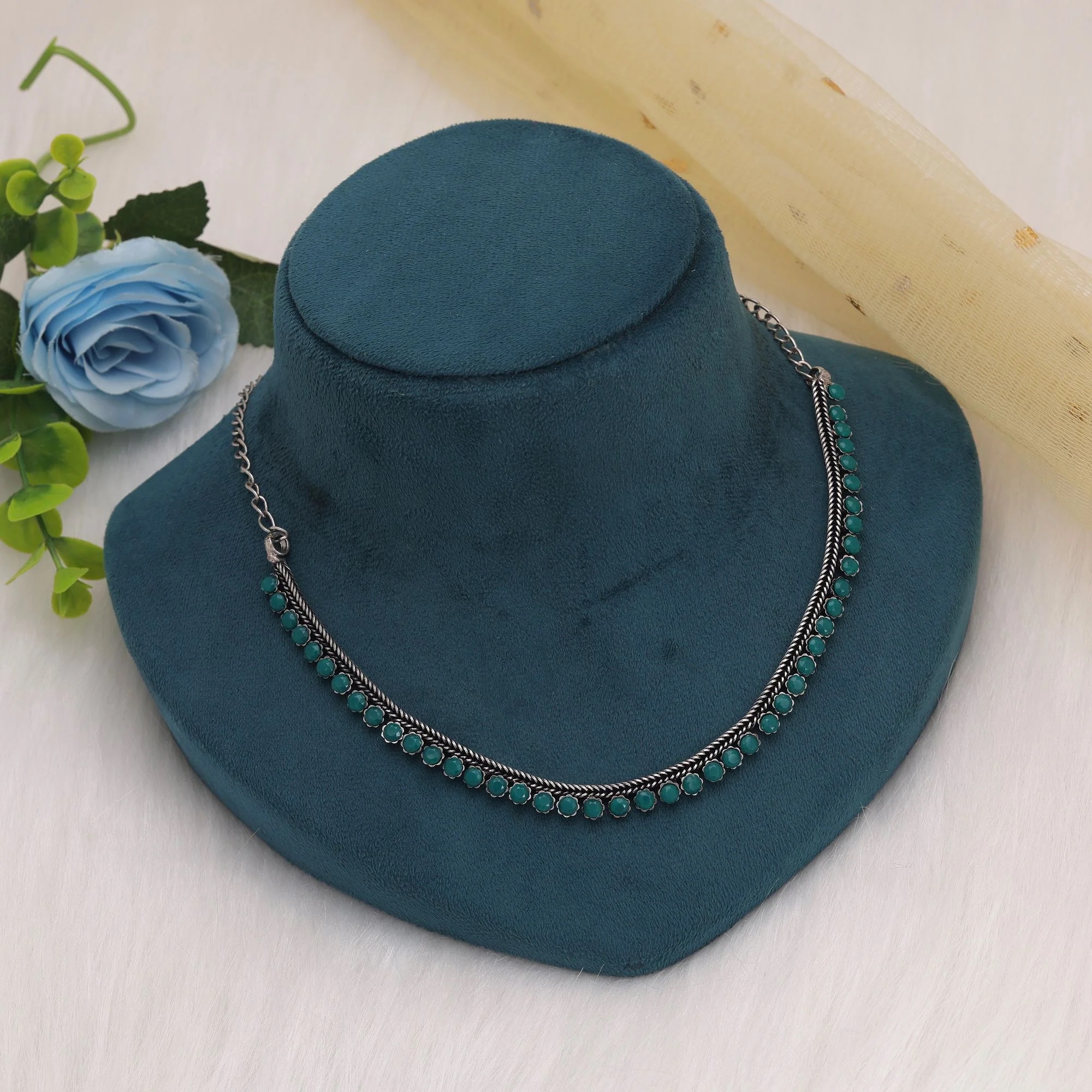 Green Color Oxidised Necklace With Classic Handmade Traditional Appeal - Image 2
